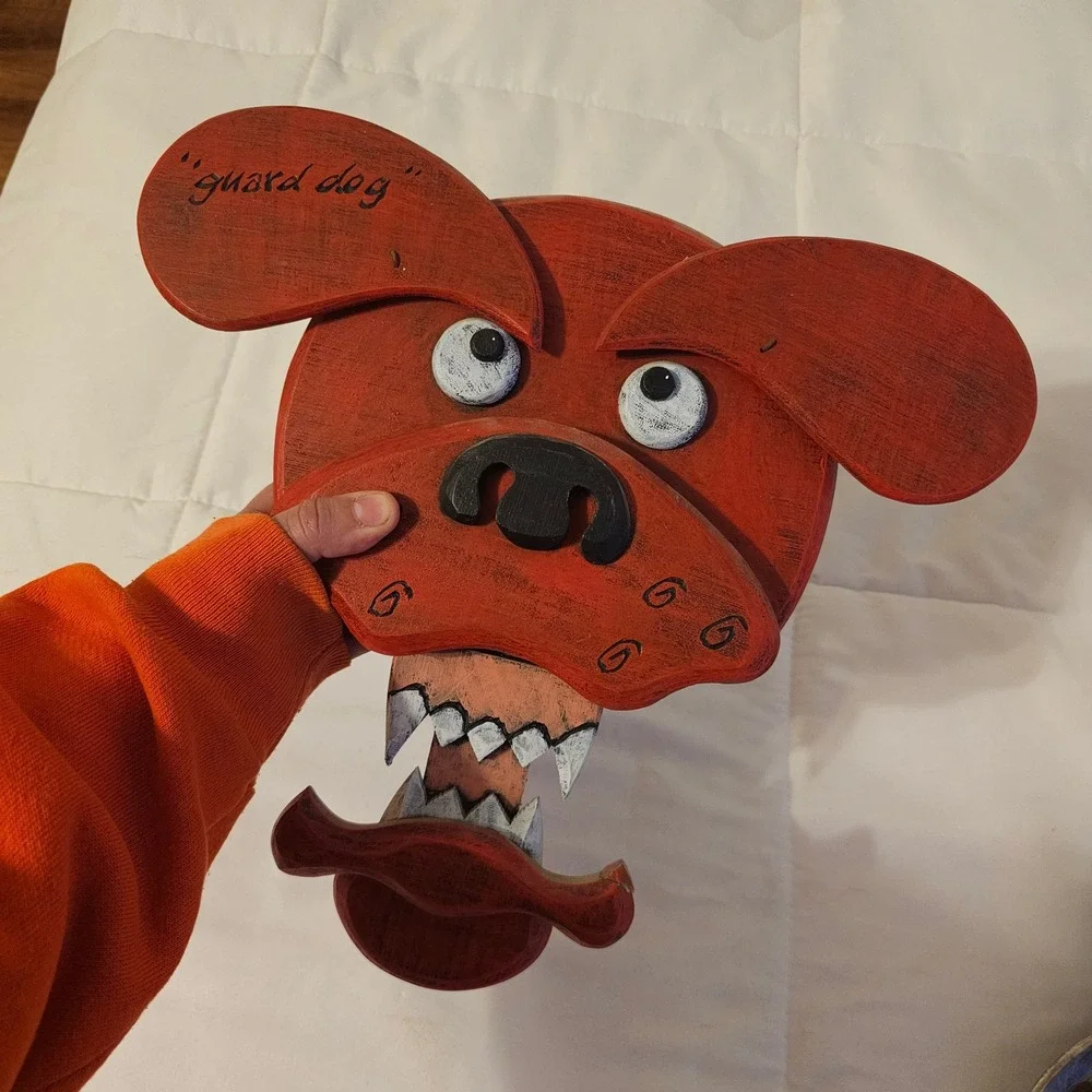 Rare Folk art‎ wooden Guard Dog Wall Decor Red Whimsical Rustic Mouth Open Teeth
